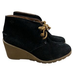 Sperry Women’s 8.5 Top Sider Stella Black Genuine Suede Lace Up Wedge Heel Boot
